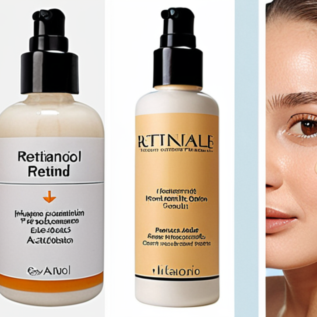 **Skincare ingredients collage:** A visually appealing collage featuring retinol, hyaluronic acid, peptides, Vitamin C, and niacinamide, showcasing their textures and forms (serums, creams, etc.). Include text overlays highlighting each ingredient's benefit (e.g., "Retinol: Fine Line Reduction," "Hyaluronic Acid: Intense Hydration"). Use a clean, modern aesthetic.