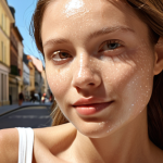Day Cream - Daytime Shield**

**Prompt:** A radiant woman in her late 20s to early 30s, with clear, fresh skin, confidently navigating a bright, sunlit urban street (like a modern European city). Subtle visual elements suggest protection, such as a delicate, shimmering aura or shield around her face, deflecting light rays and tiny environmental particles. She emanates health and vibrancy. A lightweight, elegant jar of day cream with "SPF" and "Antioxidants" visibly labeled is subtly placed in the foreground or background, hinting at the source of her protected glow. The overall mood is active, fresh, and resilient.

**