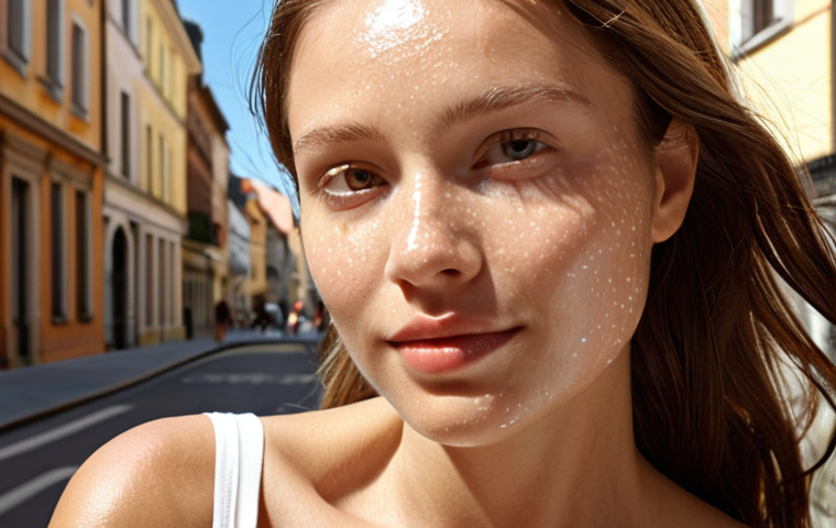 Day Cream - Daytime Shield**

**Prompt:** A radiant woman in her late 20s to early 30s, with clear, fresh skin, confidently navigating a bright, sunlit urban street (like a modern European city). Subtle visual elements suggest protection, such as a delicate, shimmering aura or shield around her face, deflecting light rays and tiny environmental particles. She emanates health and vibrancy. A lightweight, elegant jar of day cream with "SPF" and "Antioxidants" visibly labeled is subtly placed in the foreground or background, hinting at the source of her protected glow. The overall mood is active, fresh, and resilient.

**