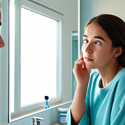 A young adult woman, fully clothed in modest, comfortable home attire, stands thoughtfully in a bright, modern bathroom. She gently touches her cheek with a pensive expression, observing her skin in the mirror, contemplating its health and needs. The scene is illuminated by soft, natural morning light, highlighting a clean, minimalist vanity in the background. Perfect anatomy, correct proportions, natural pose, well-formed hands, proper finger count, natural body proportions. High-quality professional photography, detailed, realistic, safe for work, appropriate content, modest, family-friendly.