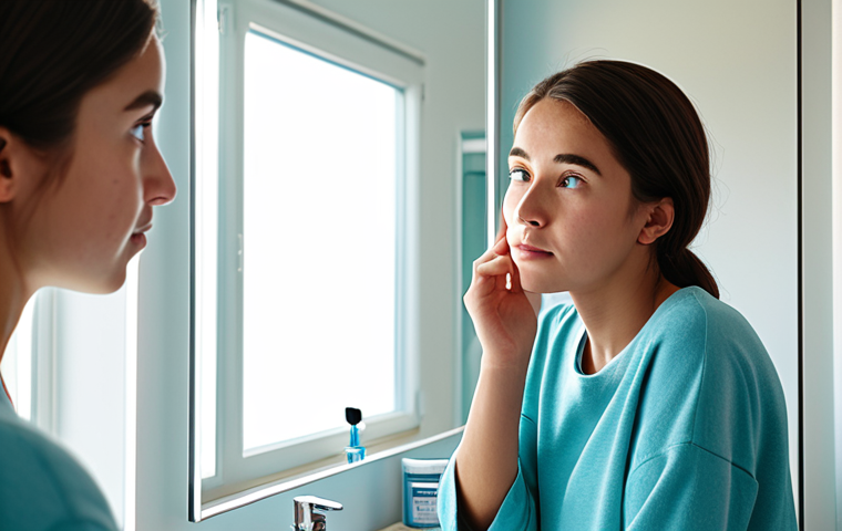 A young adult woman, fully clothed in modest, comfortable home attire, stands thoughtfully in a bright, modern bathroom. She gently touches her cheek with a pensive expression, observing her skin in the mirror, contemplating its health and needs. The scene is illuminated by soft, natural morning light, highlighting a clean, minimalist vanity in the background. Perfect anatomy, correct proportions, natural pose, well-formed hands, proper finger count, natural body proportions. High-quality professional photography, detailed, realistic, safe for work, appropriate content, modest, family-friendly.
