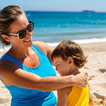 **

"A mother applying Naïf Zonnebrandcrème for Baby & Kind SPF 50 to her child's arm at the beach. The child is wearing a fully clothed swimsuit. Sunny day, sand, and sea in the background. Safe for work, appropriate content, fully clothed, family-friendly, perfect anatomy, natural proportions, professional photography, high quality."

**