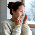 Winter Hydration**

"A woman with a fair complexion, applying a rich cream to her face in a cozy, softly lit bathroom. She is wearing a comfortable, warm sweater, fully clothed, modest attire. The background shows a blurred image of a winter landscape through a frosted window. Safe for work, appropriate content, professional skincare advertisement, perfect anatomy, correct proportions, natural pose, well-formed hands, proper finger count, natural body proportions, high-quality rendering."

**