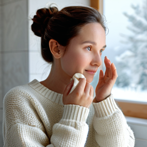 Home 9 Winter Hydration**
"A woman with a fair complexion, applying a rich cream to her face in a cozy, softly lit bathroom. She is wearing a comfortable, warm sweater, fully clothed, modest attire. The background shows a blurred image of a winter landscape through a frosted window. Safe for work, appropriate content, professional skincare advertisement, perfect anatomy, correct proportions, natural pose, well-formed hands, proper finger count, natural body proportions, high-quality rendering."
**