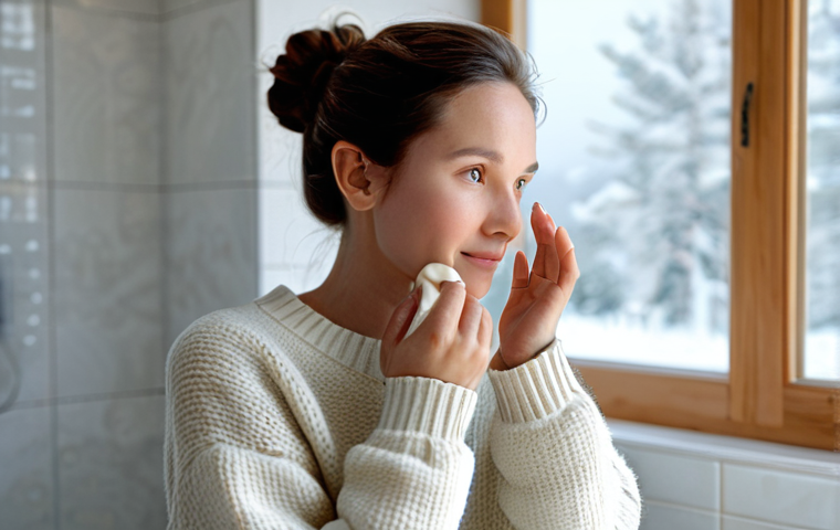 Winter Hydration**
"A woman with a fair complexion, applying a rich cream to her face in a cozy, softly lit bathroom. She is wearing a comfortable, warm sweater, fully clothed, modest attire. The background shows a blurred image of a winter landscape through a frosted window. Safe for work, appropriate content, professional skincare advertisement, perfect anatomy, correct proportions, natural pose, well-formed hands, proper finger count, natural body proportions, high-quality rendering."
**
